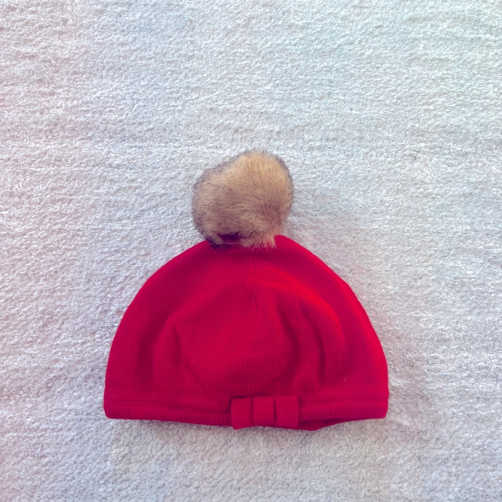 Janie and Jack Girls Red Knit Hat with Fur Pompom - Size 3-6 Months